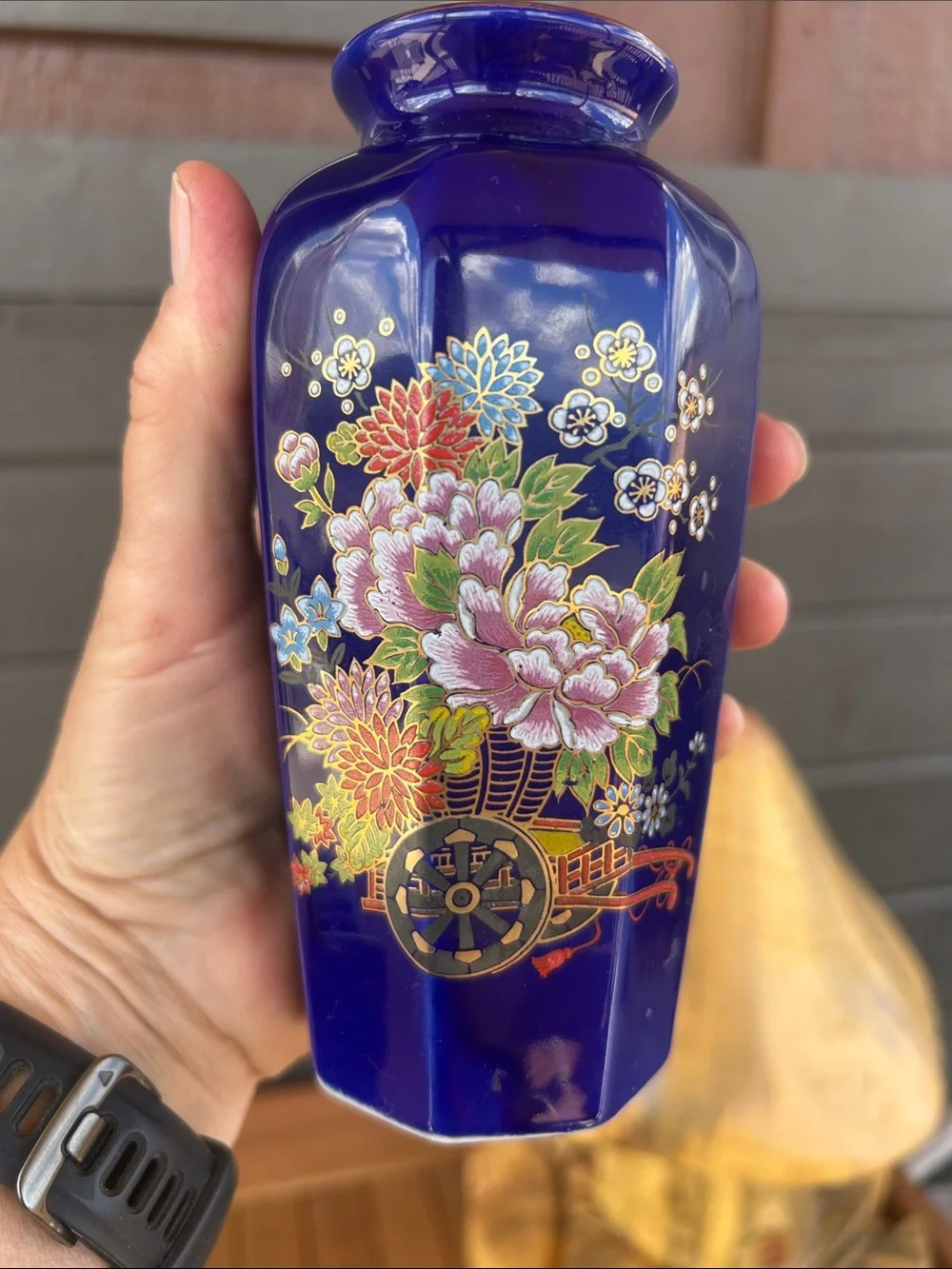 Vintage Japanese Deep Cobalt Blue Floral Porcelain Vase